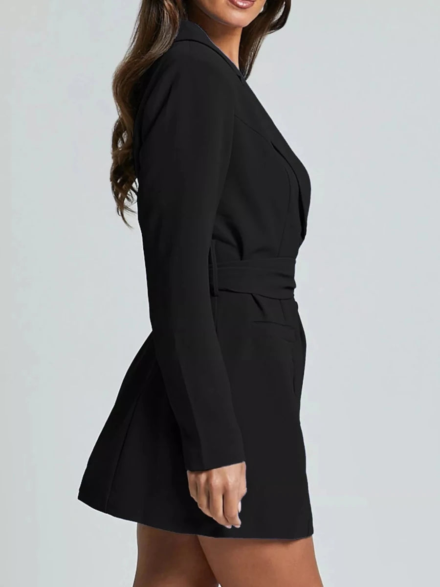 Lapel Collar Tie Waist Blazer - 