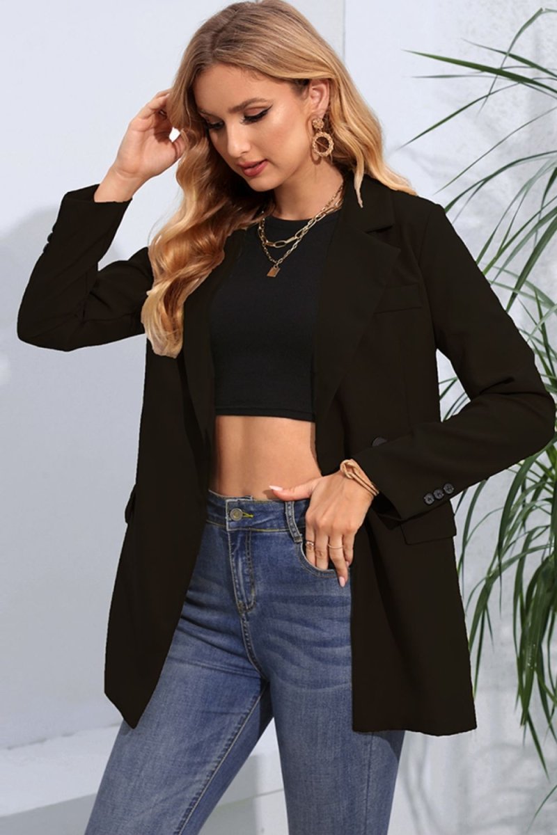 Lapel Neck Long Sleeve Blazer with Pockets - Blazer Suit