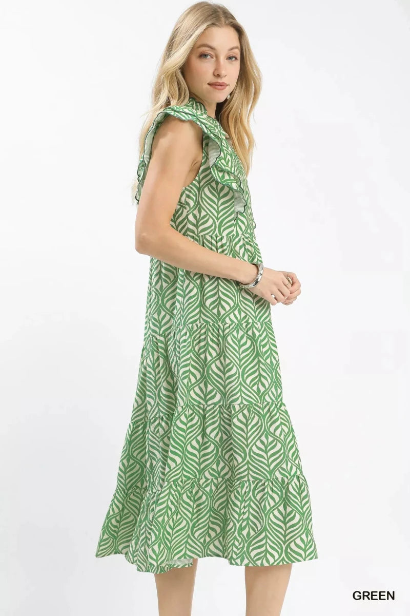 Leaf Print Midi Dress with Ruffles - 