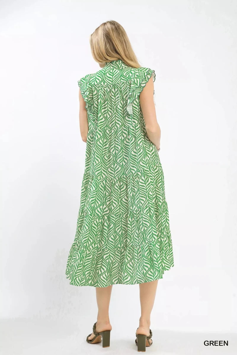 Leaf Print Midi Dress with Ruffles - 