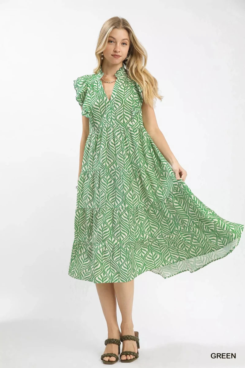 Leaf Print Midi Dress with Ruffles - 