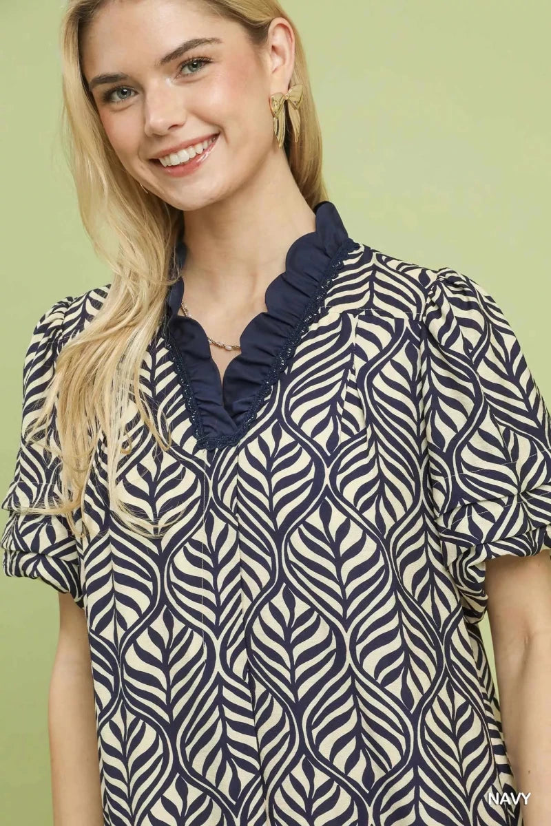 Leaf Print Ruffle Neck Midi Dress - 