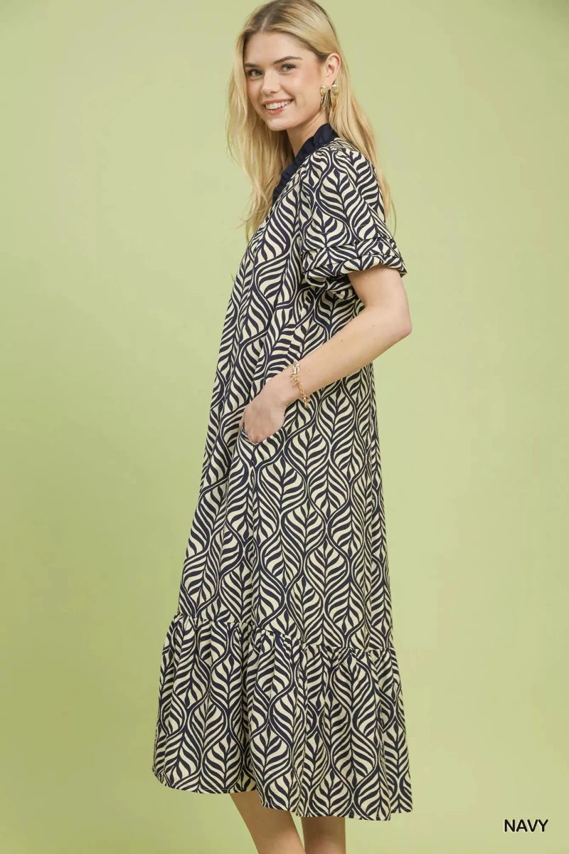 Leaf Print Ruffle Neck Midi Dress - 