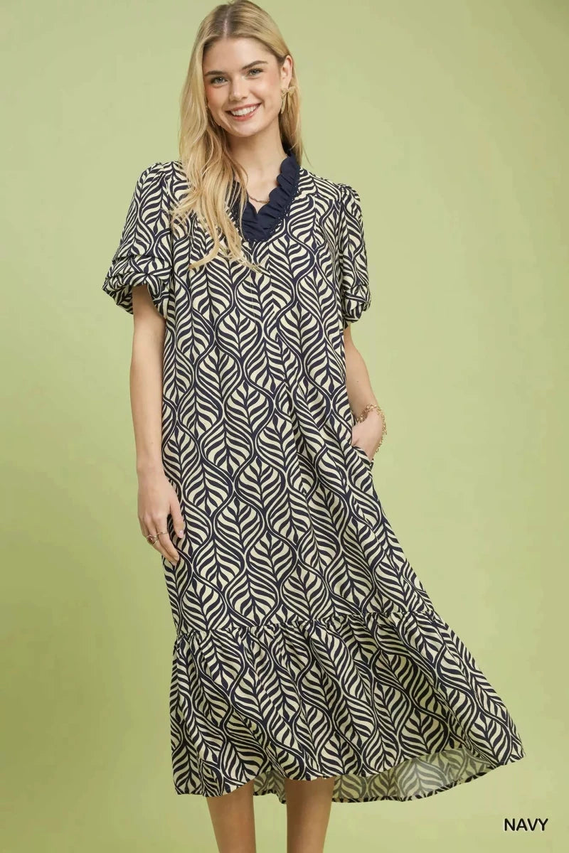 Leaf Print Ruffle Neck Midi Dress - 