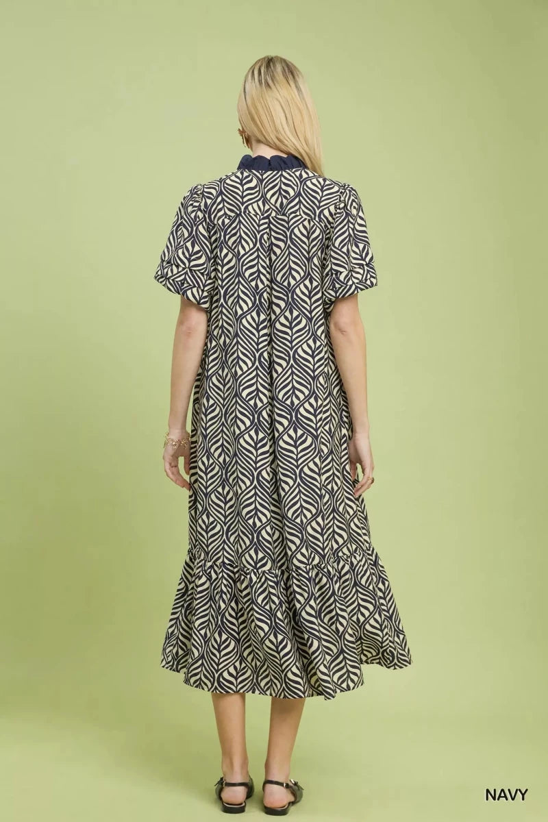 Leaf Print Ruffle Neck Midi Dress - 