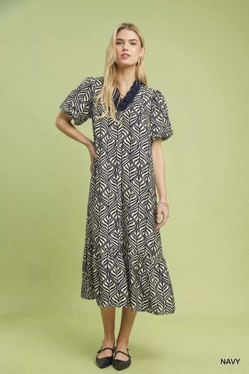 Leaf Print Ruffle Neck Midi Dress - 