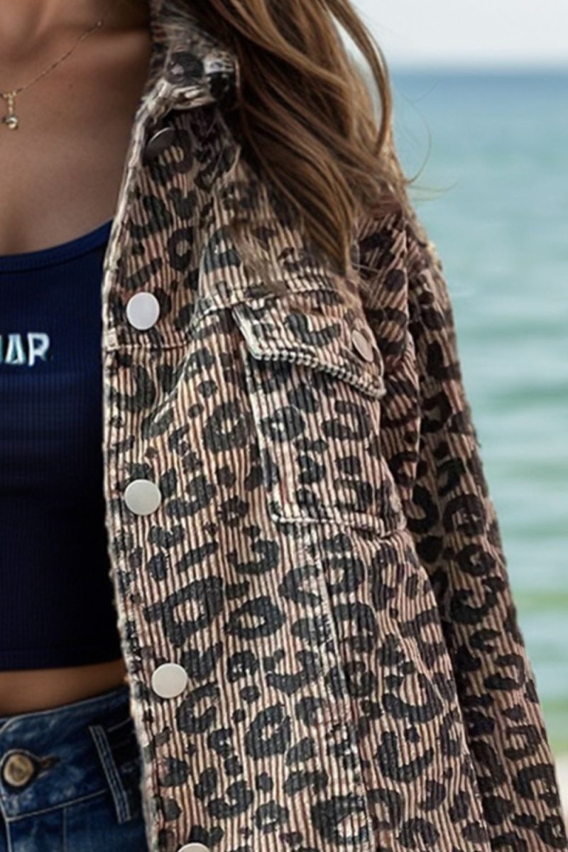 Leopard Button Down Long Sleeve Jacket - Outerwear