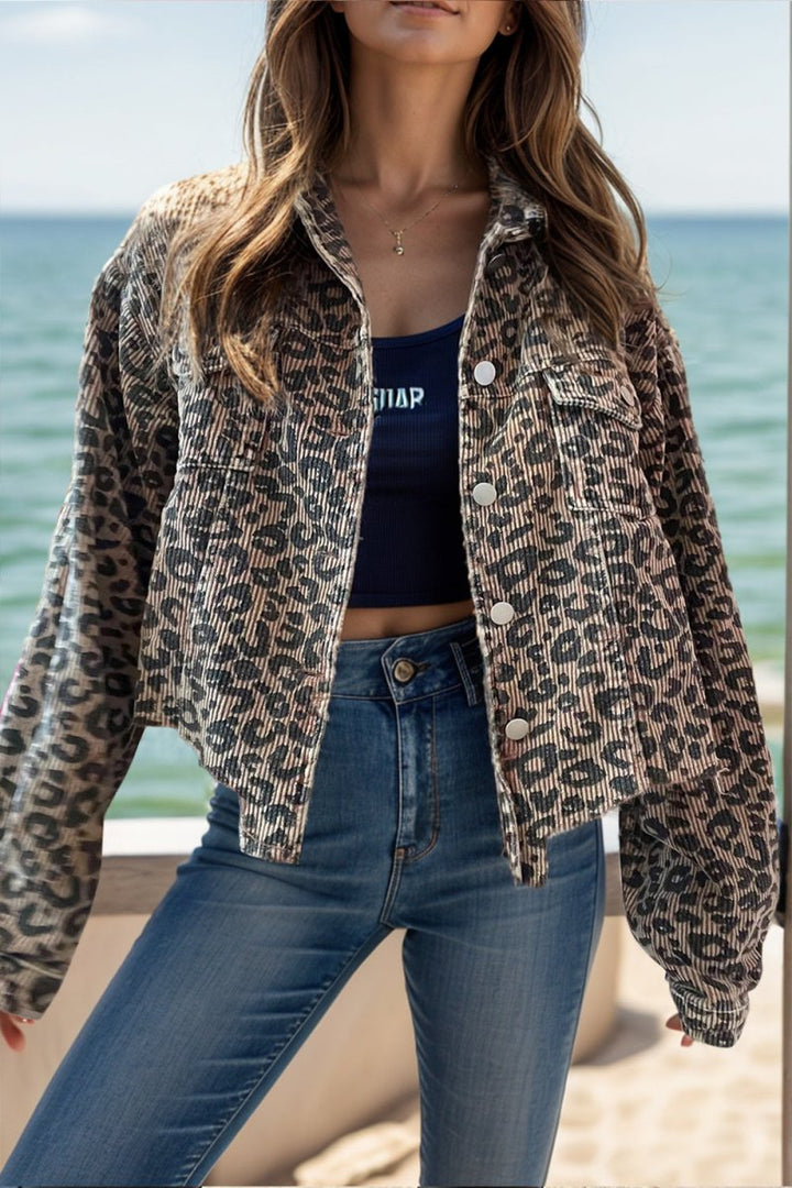 Leopard Button Down Long Sleeve Jacket - Outerwear