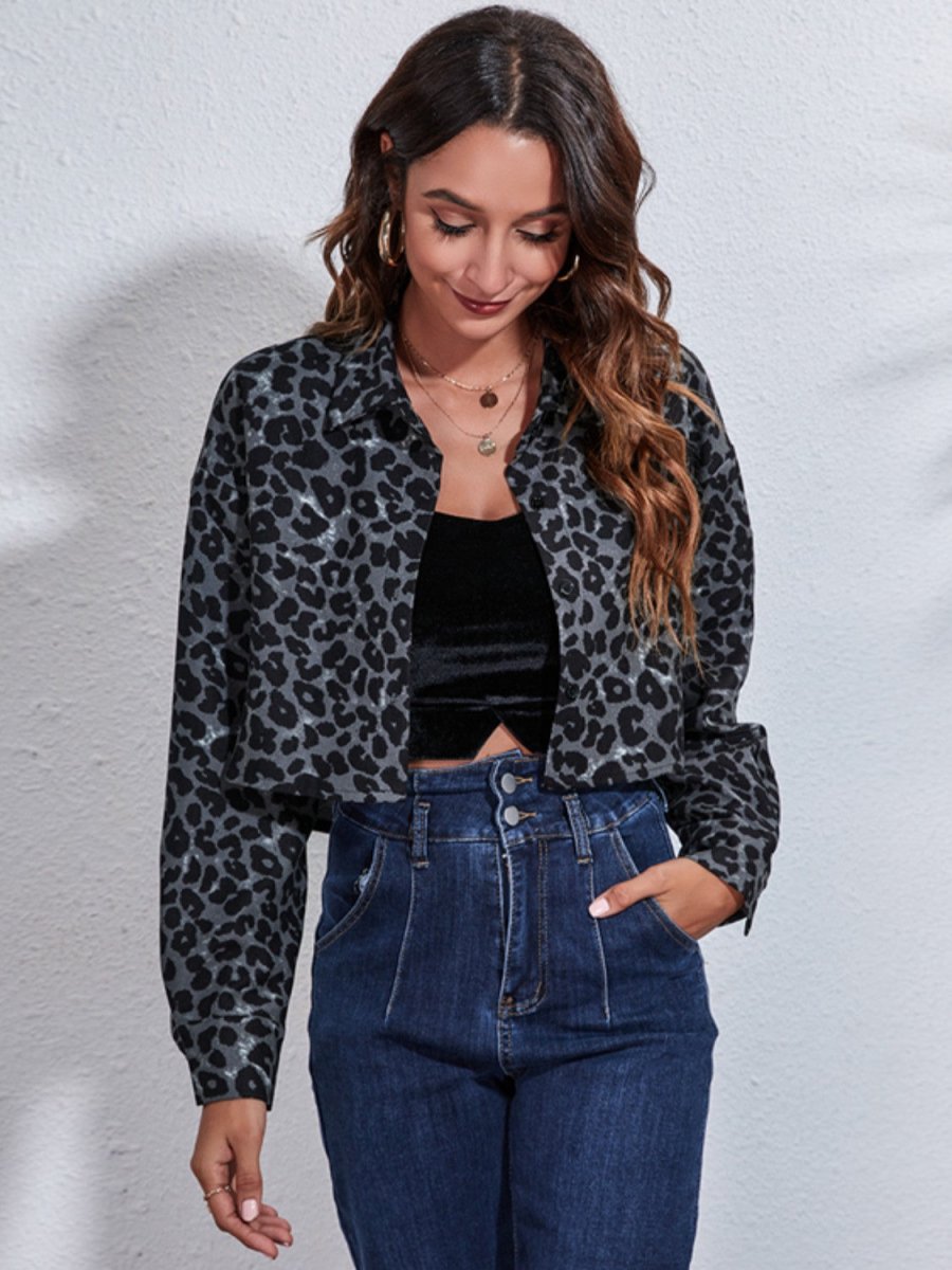 Leopard Button Up Collared Neck Cropped Jacket - Outerwear