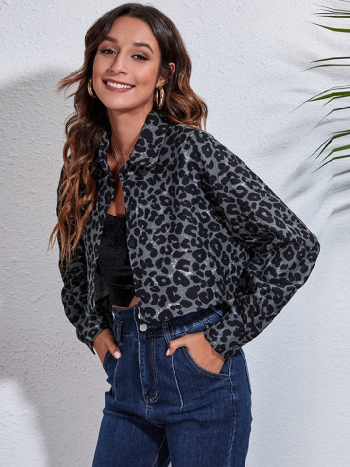 Leopard Button Up Collared Neck Cropped Jacket - Outerwear