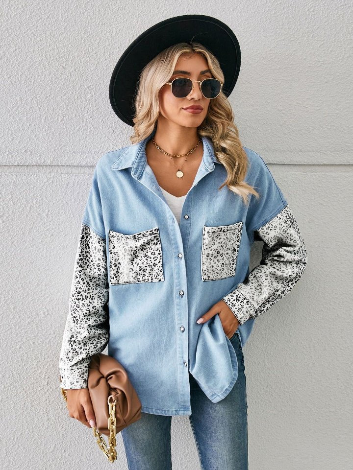 Leopard Button Up Denim Jacket - Outerwear