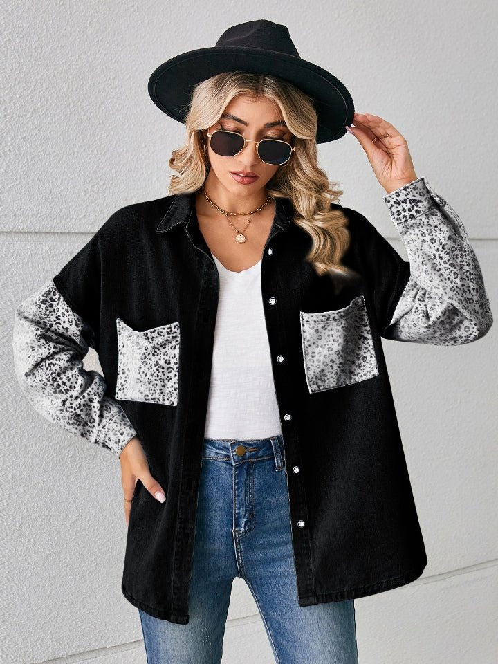 Leopard Button Up Denim Jacket - Outerwear