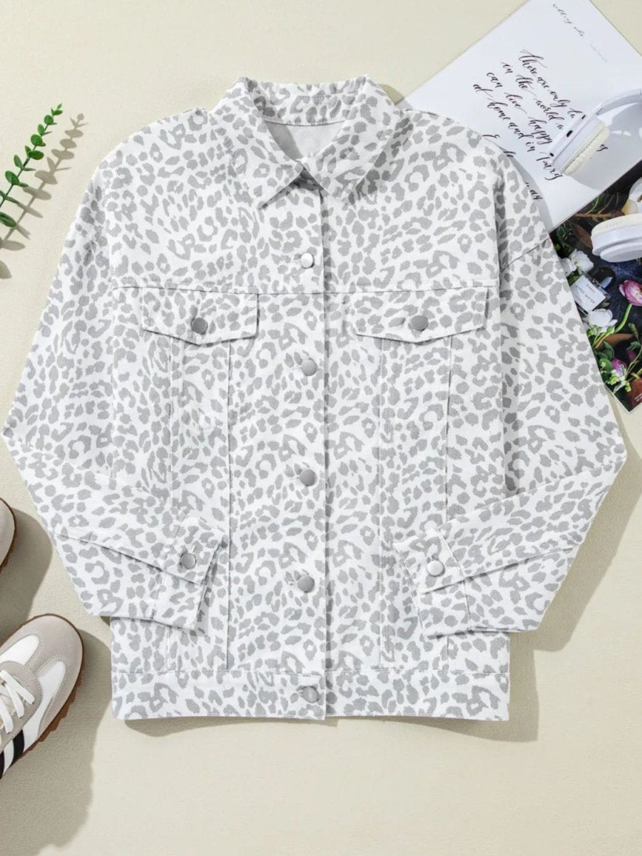 Leopard Button Up Long Sleeve Denim Jacket - Outerwear