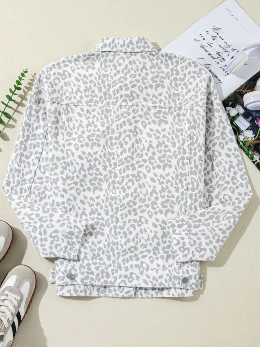 Leopard Button Up Long Sleeve Denim Jacket - Outerwear