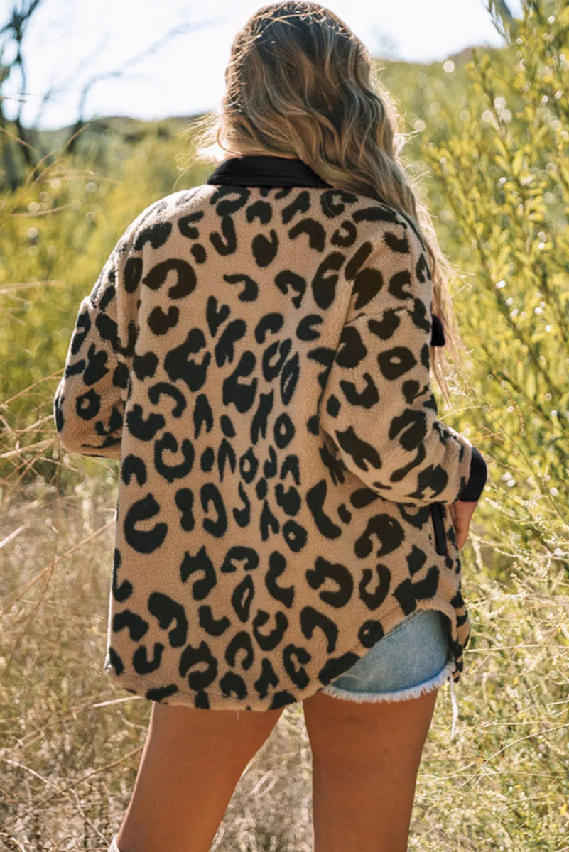 Leopard Button Up Long Sleeve Jacket - Outerwear