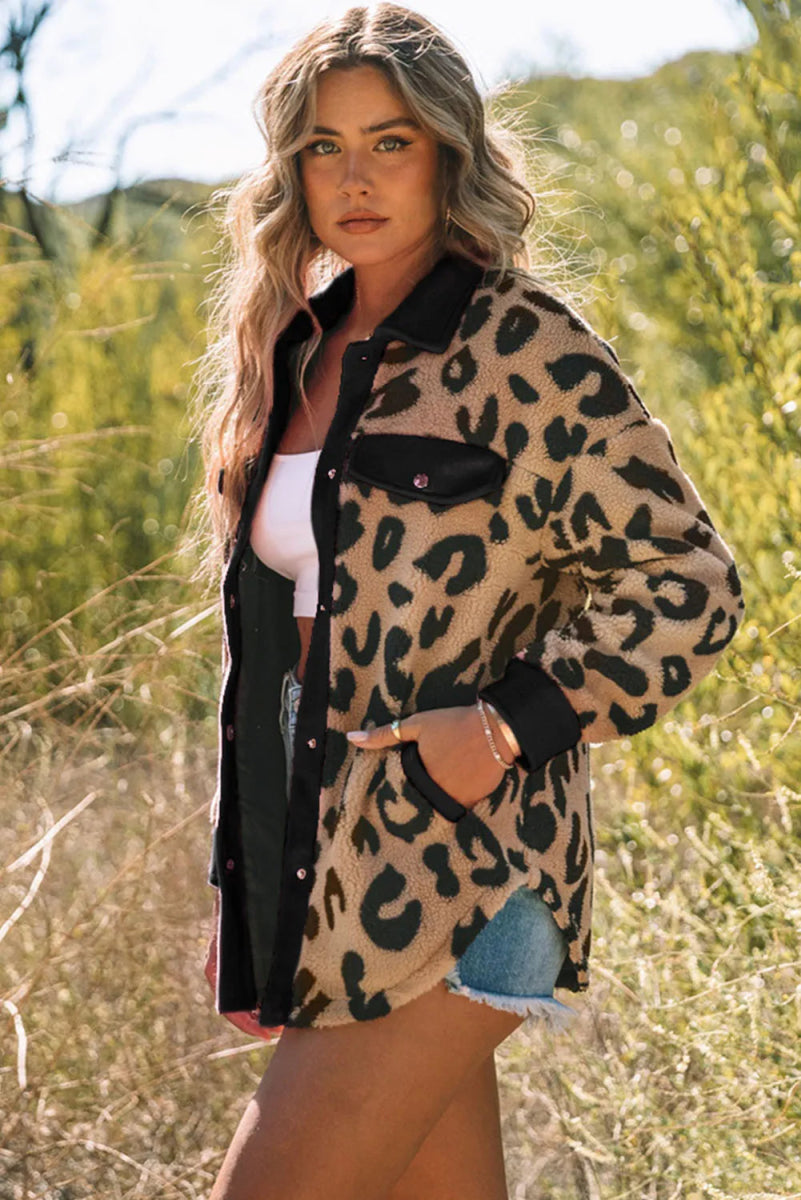 Leopard Button Up Long Sleeve Jacket - Outerwear