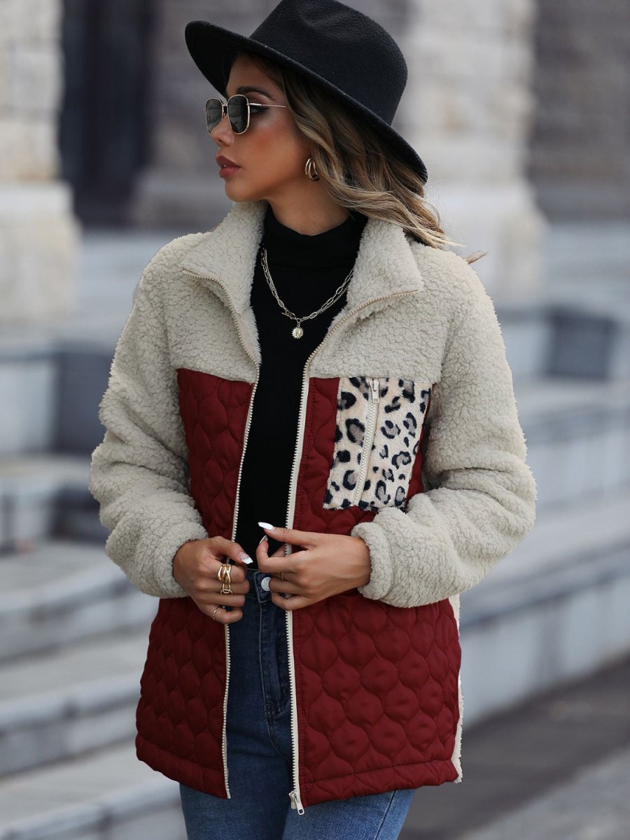 Leopard Color Block Zip - Up Jacket - Outerwear