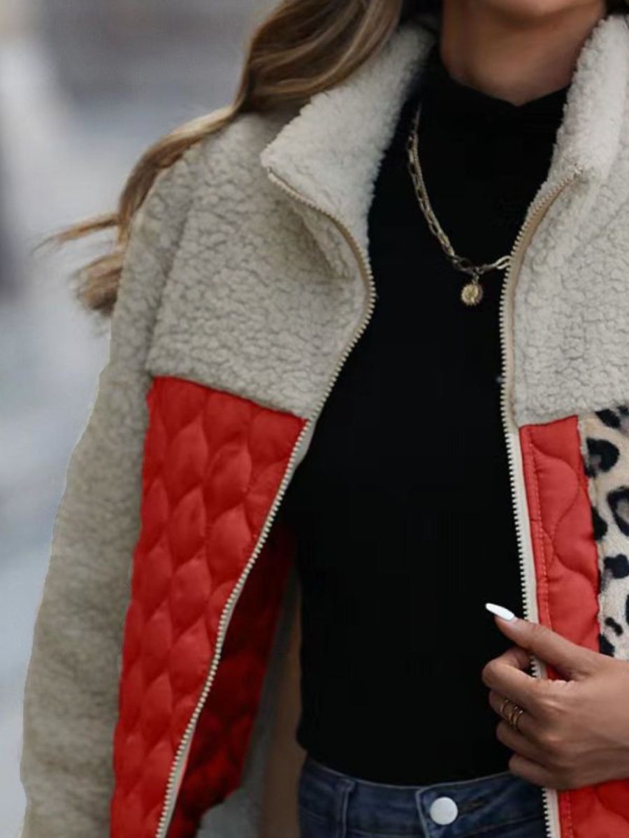 Leopard Color Block Zip - Up Jacket - Outerwear