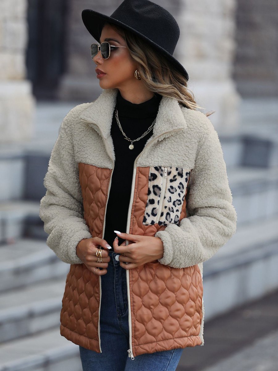 Leopard Color Block Zip - Up Jacket - Outerwear