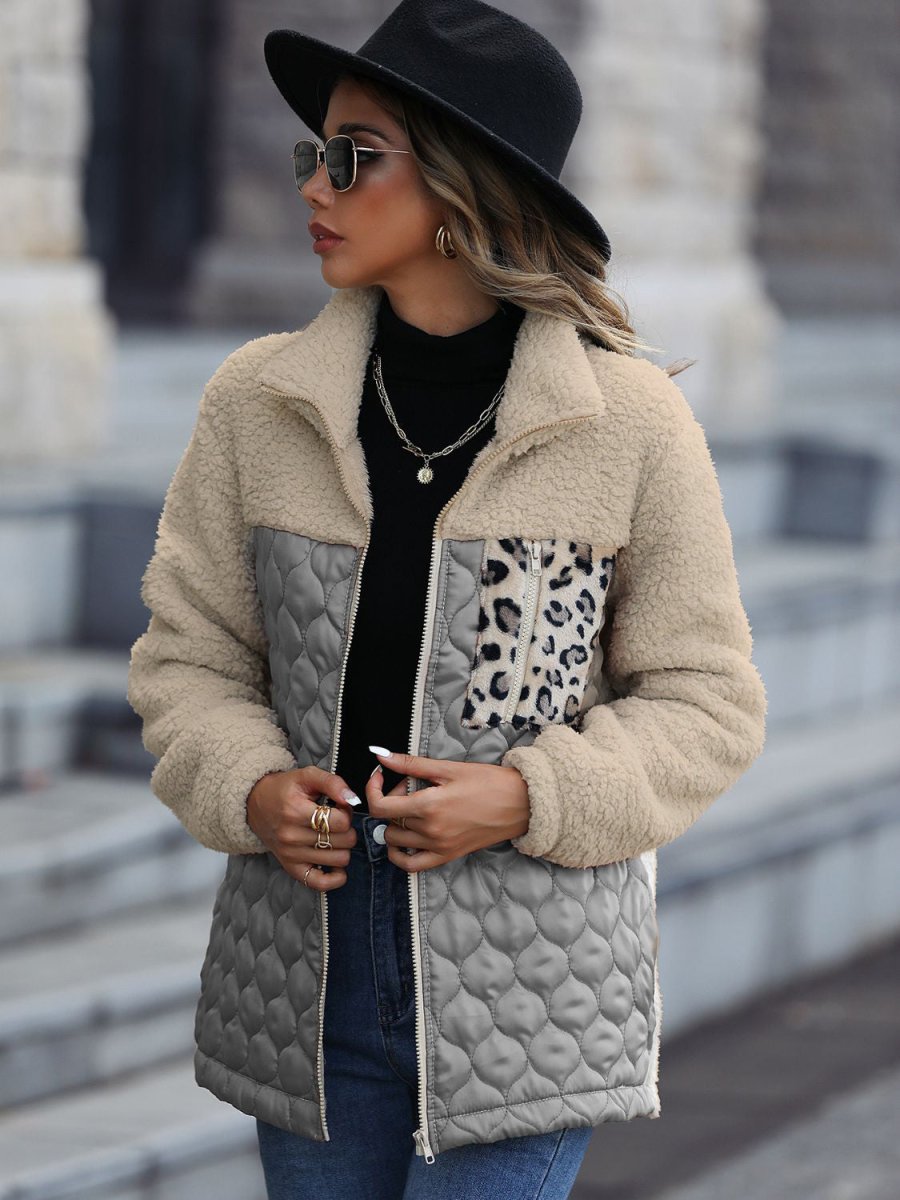 Leopard Color Block Zip - Up Jacket - Outerwear