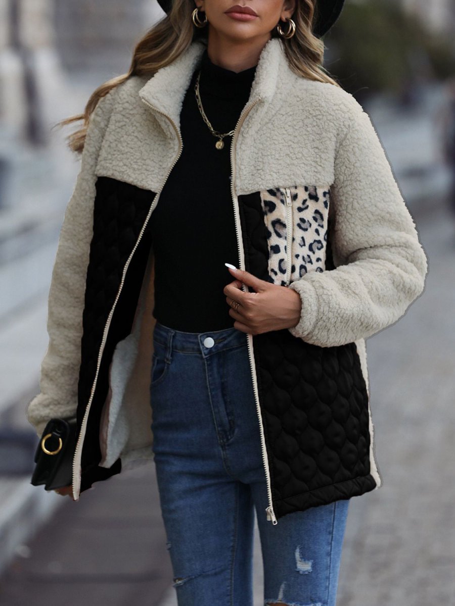 Leopard Color Block Zip - Up Jacket - Outerwear