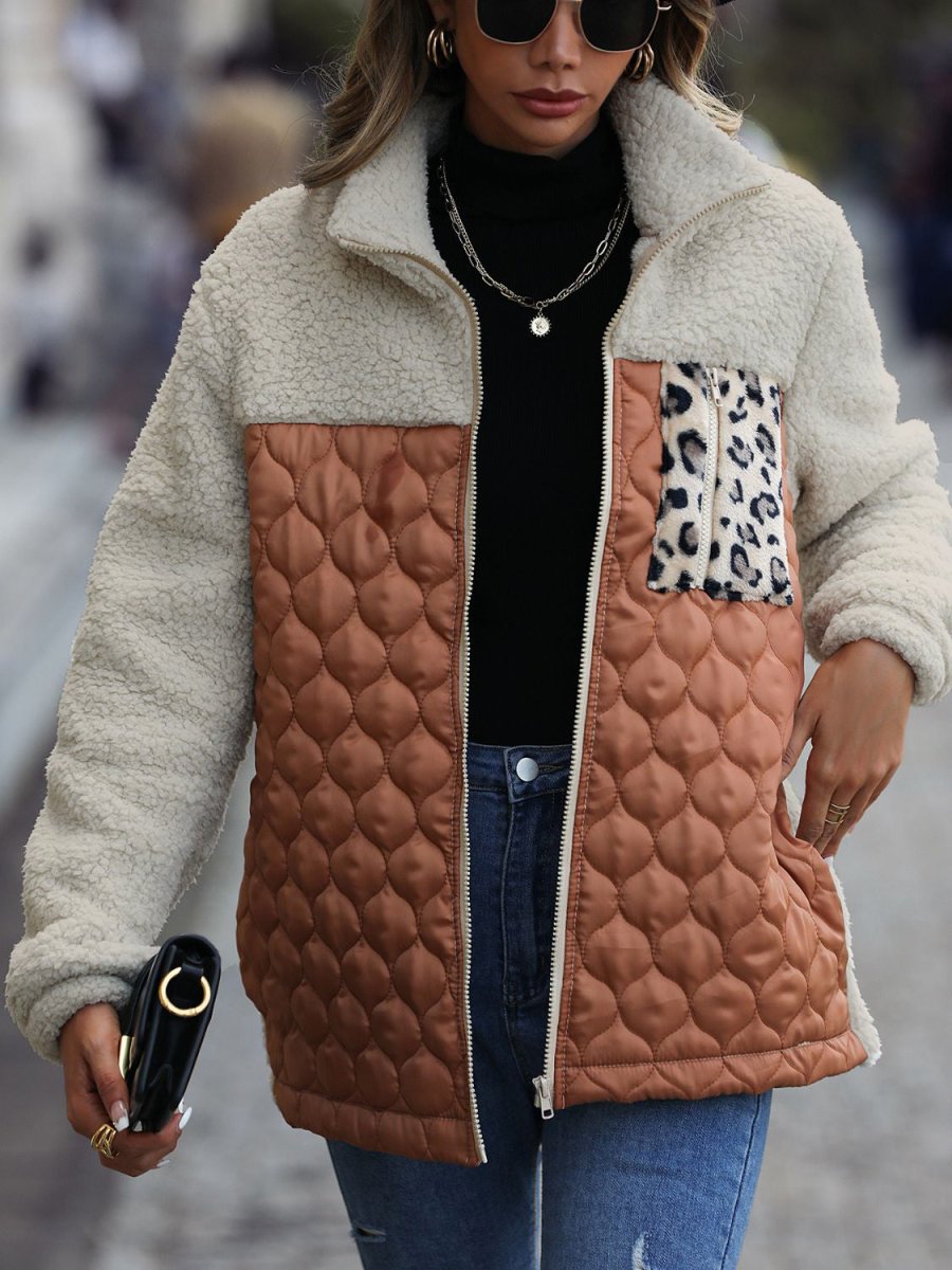 Leopard Color Block Zip - Up Jacket - Outerwear