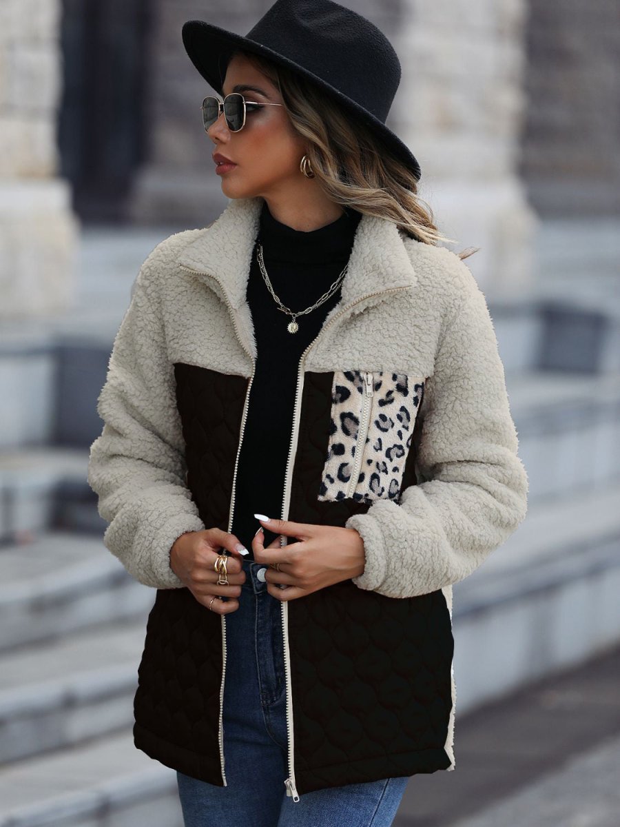 Leopard Color Block Zip - Up Jacket - Outerwear