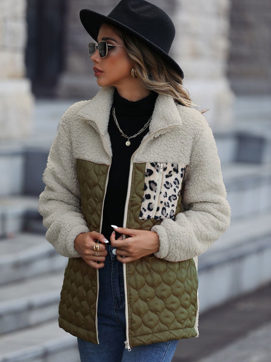 Leopard Color Block Zip - Up Jacket - Outerwear