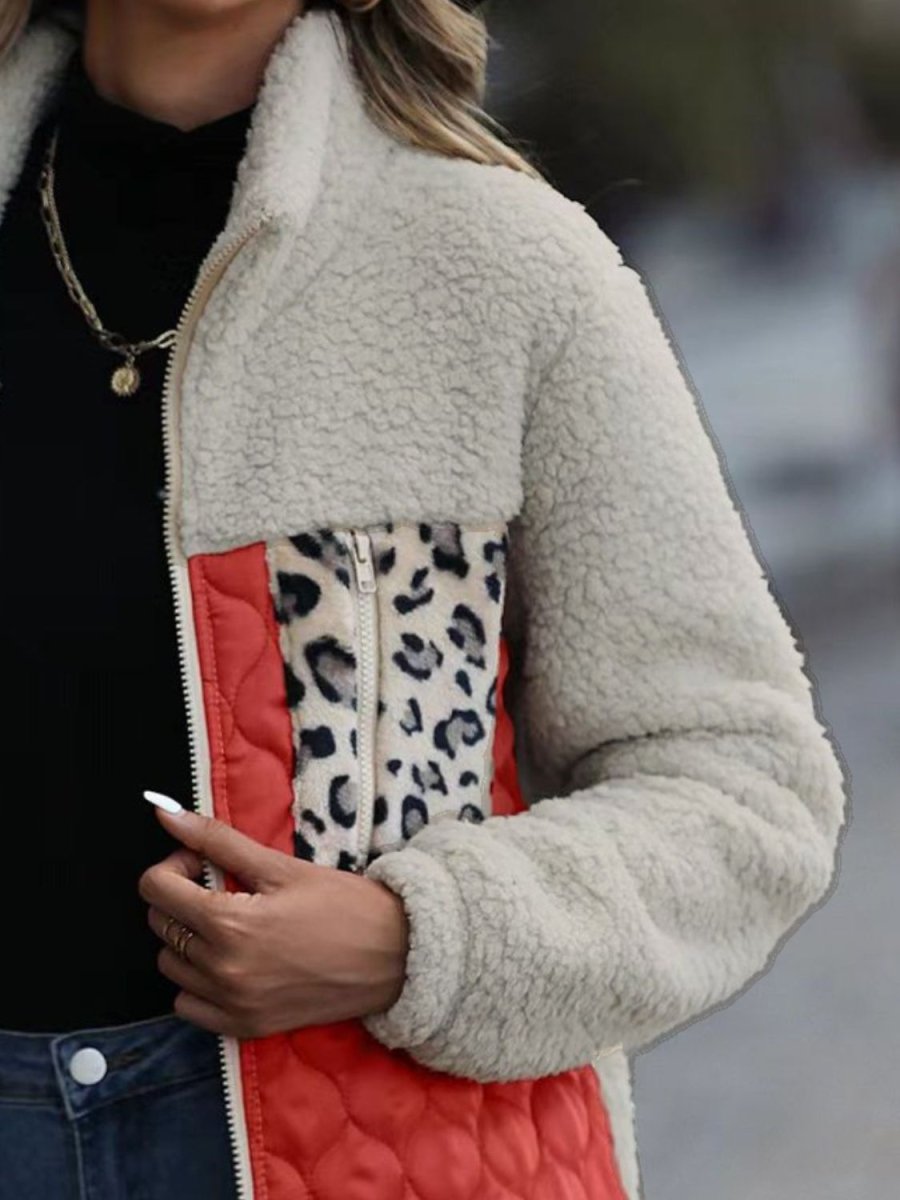 Leopard Color Block Zip - Up Jacket - Outerwear