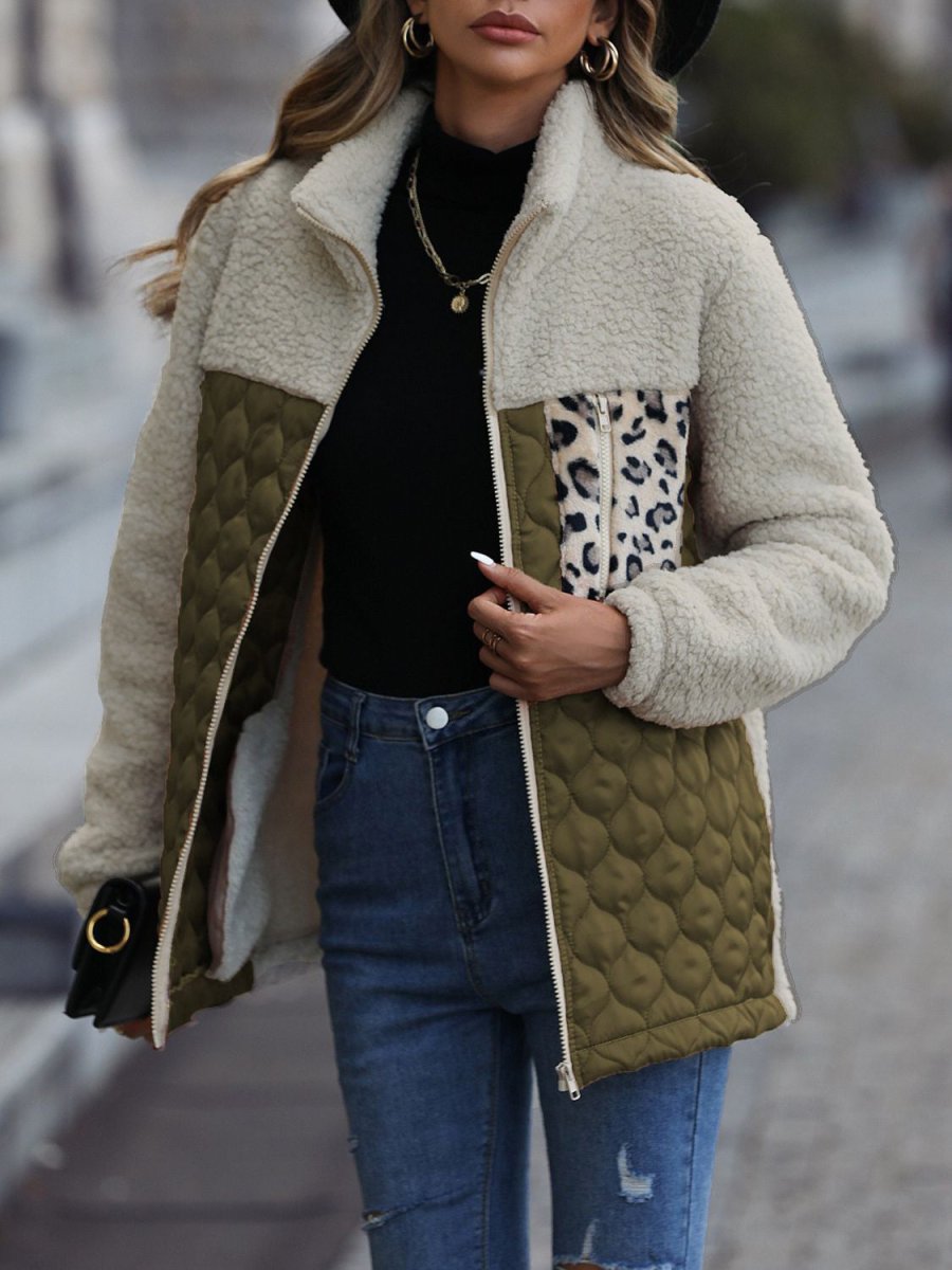 Leopard Color Block Zip - Up Jacket - Outerwear