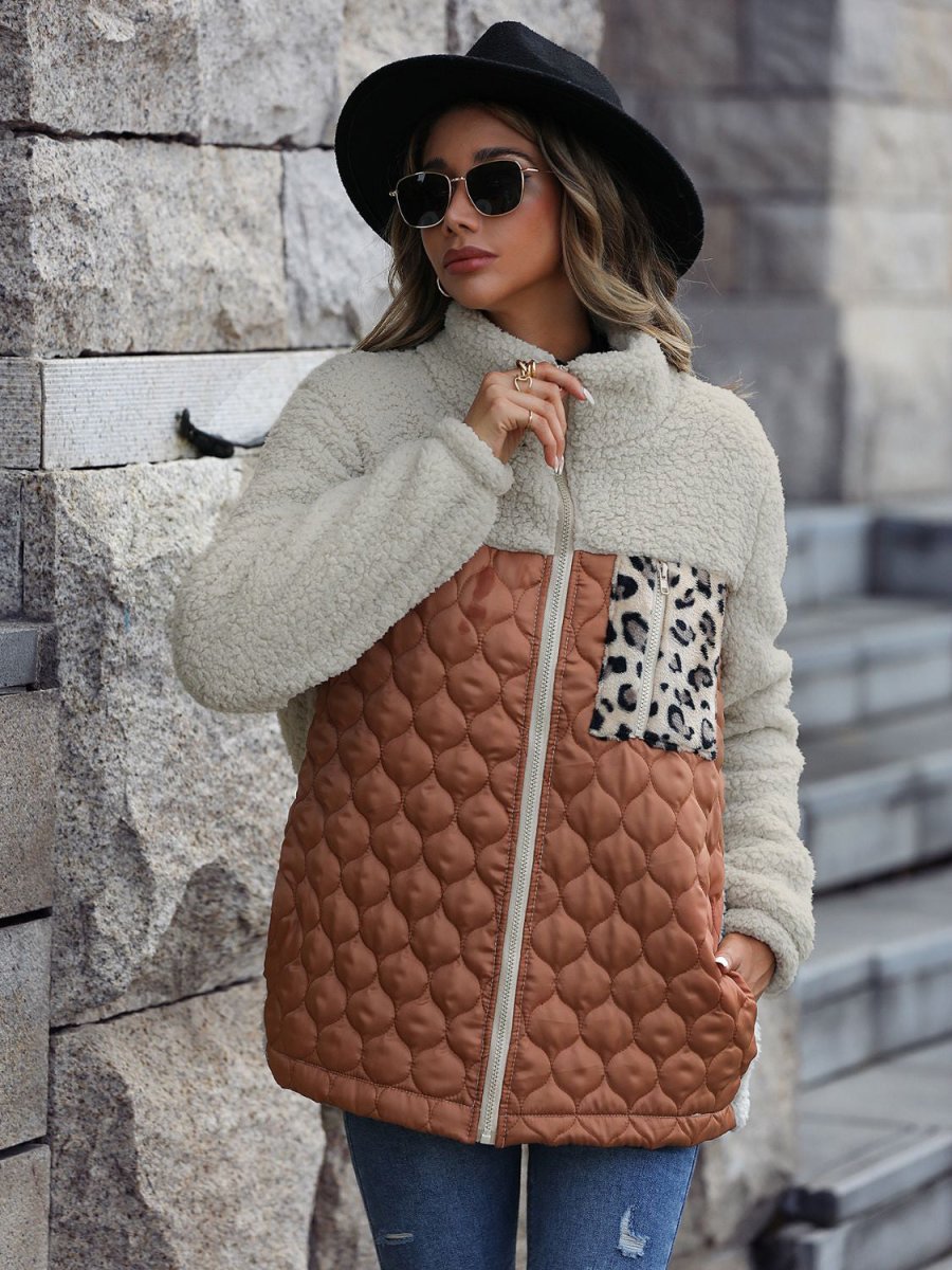 Leopard Color Block Zip - Up Jacket - Outerwear