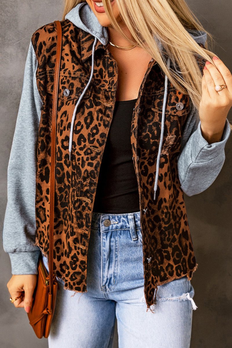 Leopard Distressed Drawstring Hooded Denim Jacket - Outerwear