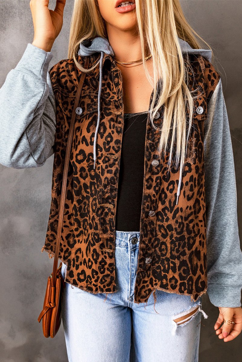 Leopard Distressed Drawstring Hooded Denim Jacket - Outerwear