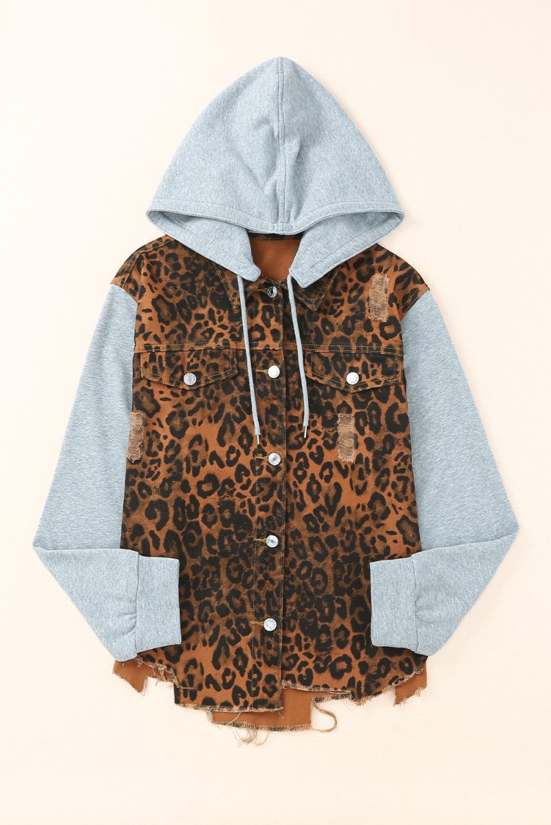 Leopard Distressed Drawstring Hooded Denim Jacket - Outerwear