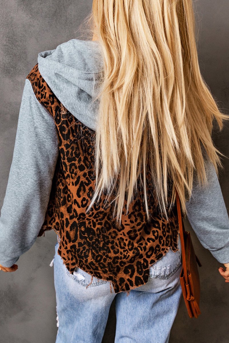 Leopard Distressed Drawstring Hooded Denim Jacket - Outerwear