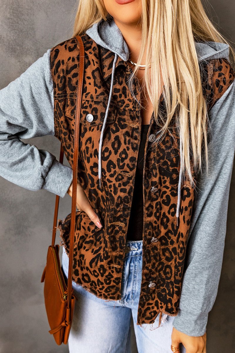Leopard Distressed Drawstring Hooded Denim Jacket - Outerwear