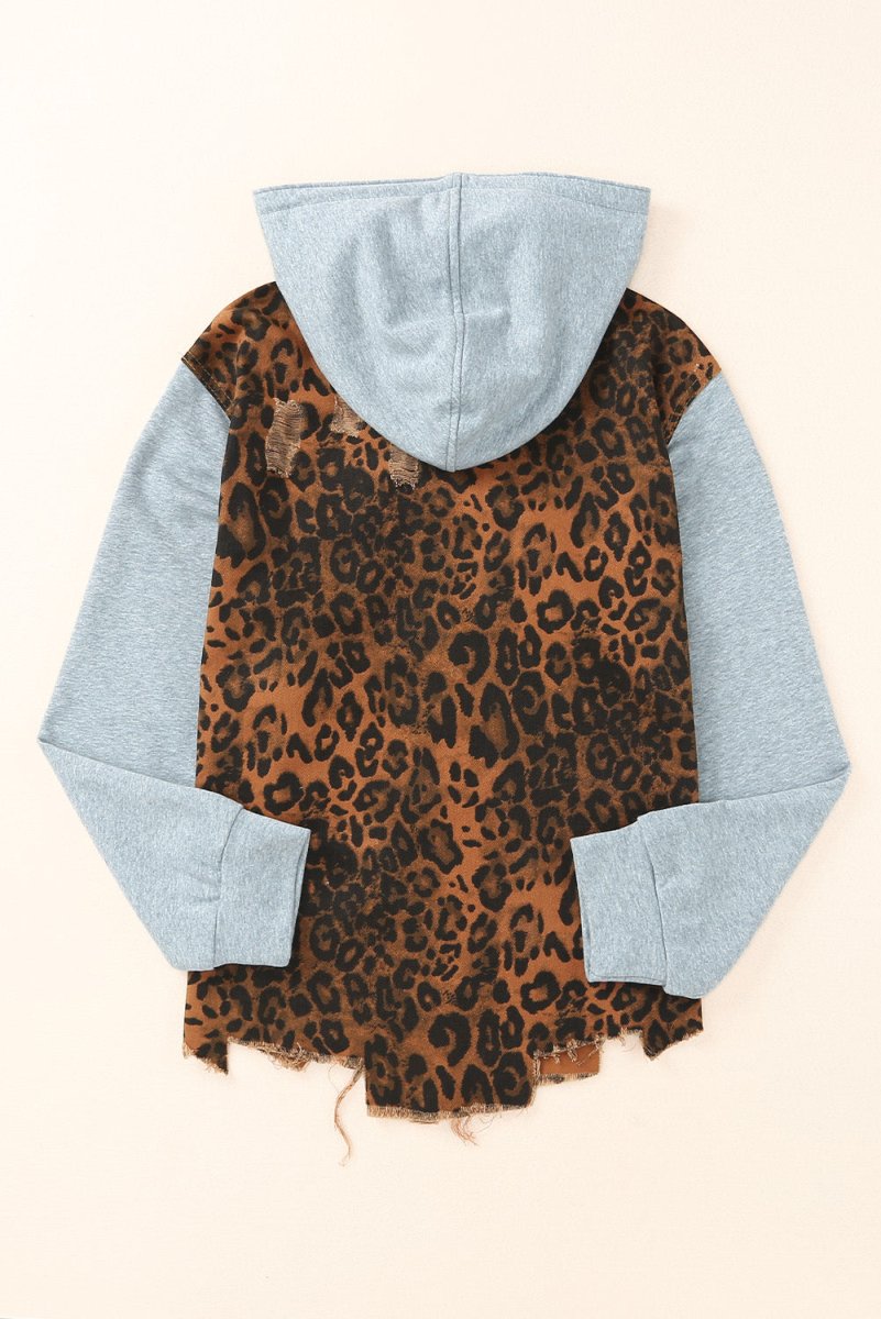 Leopard Distressed Drawstring Hooded Denim Jacket - Outerwear