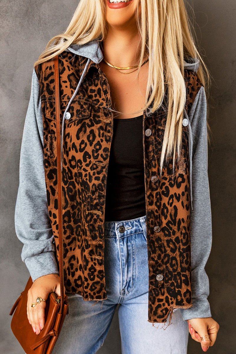 Leopard Distressed Drawstring Hooded Denim Jacket - Outerwear