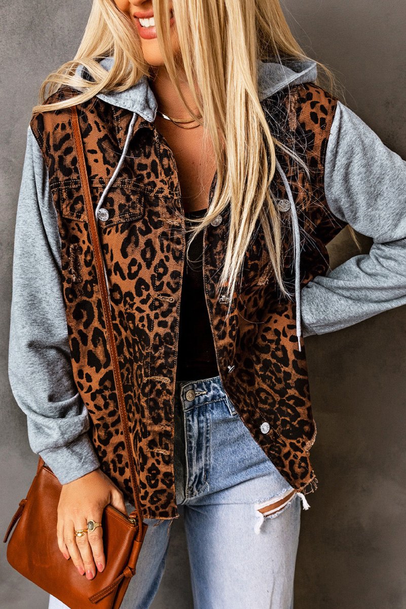 Leopard Distressed Drawstring Hooded Denim Jacket - Outerwear