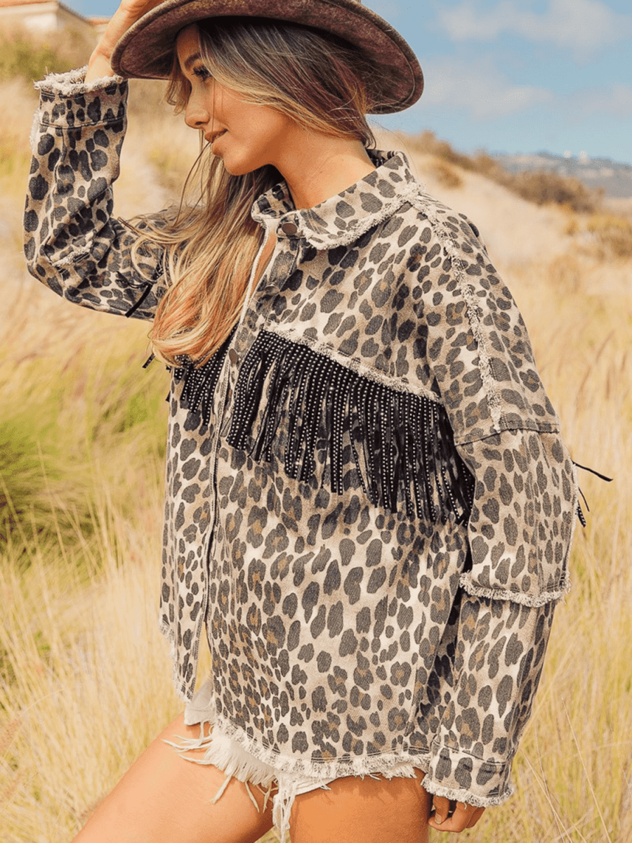 Leopard Fringe Detail Collared Neck Denim Jacket - Outerwear