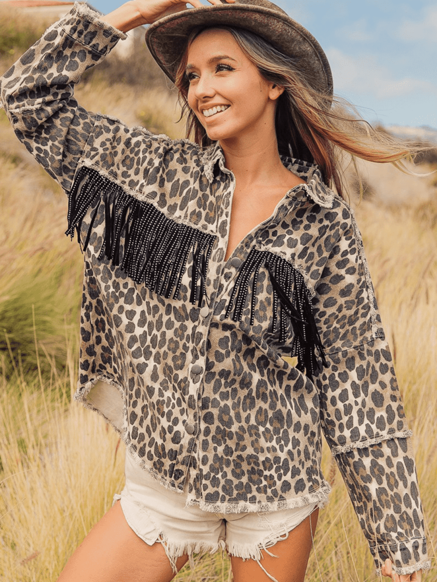 Leopard Fringe Detail Collared Neck Denim Jacket - Outerwear