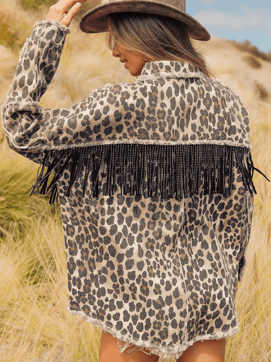 Leopard Fringe Detail Collared Neck Denim Jacket - Outerwear