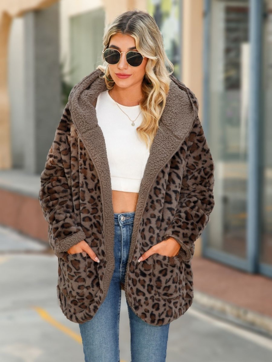 Leopard Hooded Coat with Pockets - Outerwear