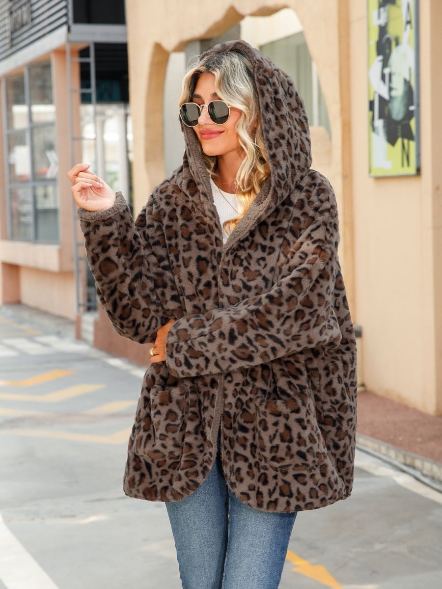 Leopard Hooded Coat with Pockets - Outerwear