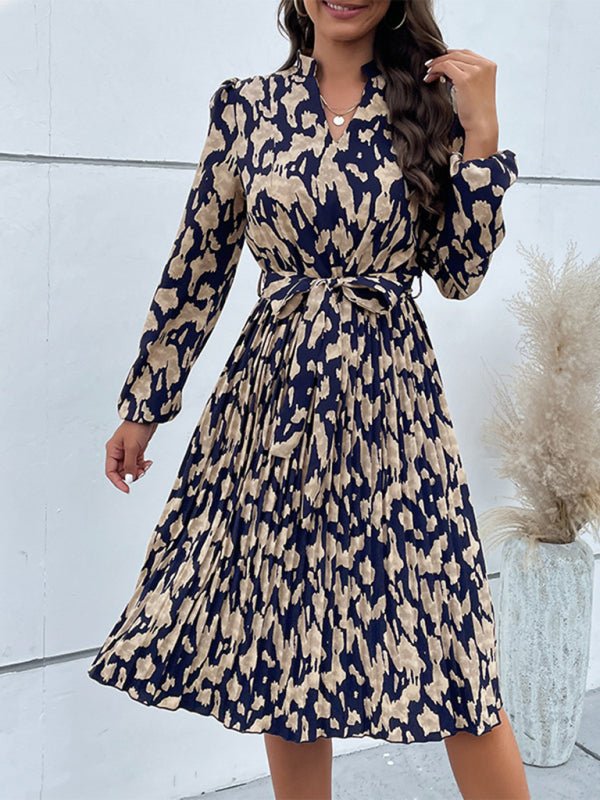 Leopard Print Hem Pleated Long Sleeve Dress - Day Dress