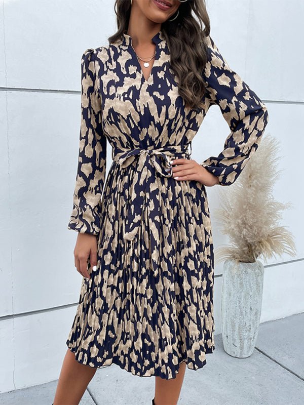 Leopard Print Hem Pleated Long Sleeve Dress - Day Dress
