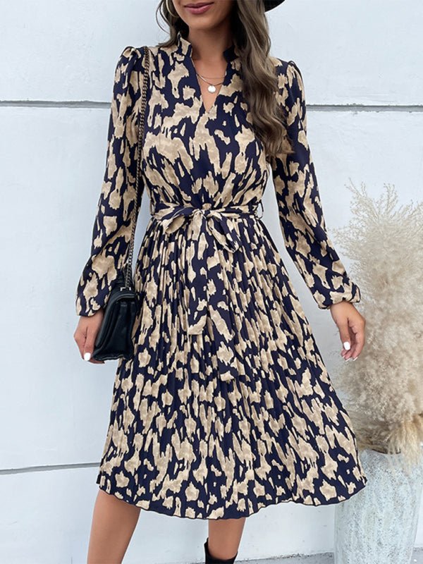 Leopard Print Hem Pleated Long Sleeve Dress - Day Dress