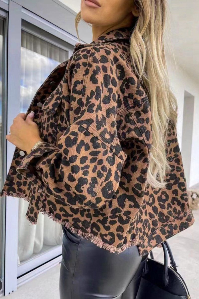 Leopard Raw Hem Denim Jacket - Outerwear