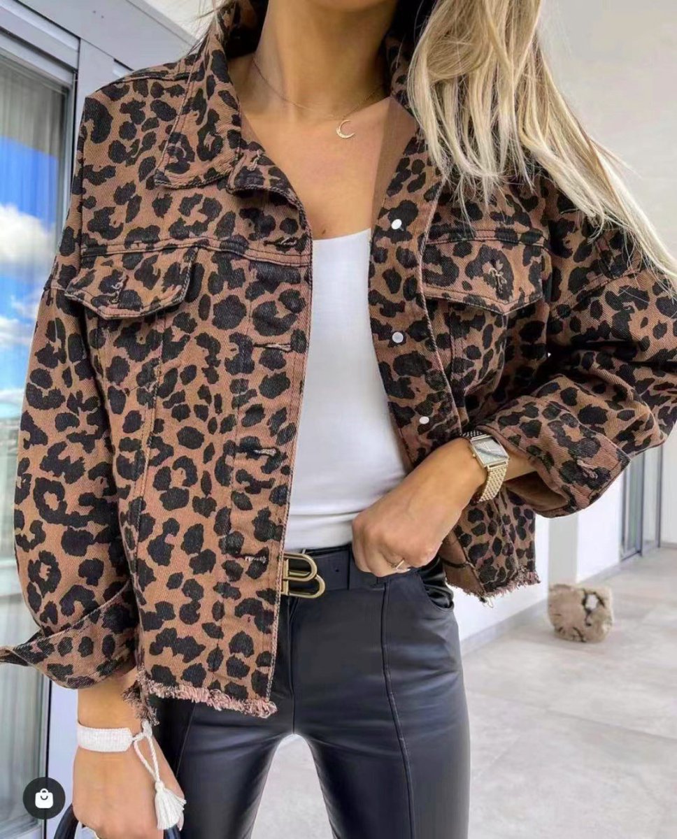 Leopard Raw Hem Denim Jacket - Outerwear