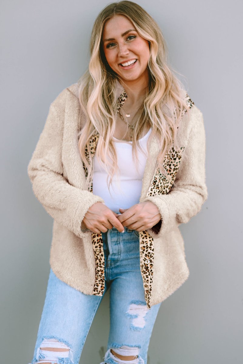 Leopard Snap Down Pocketed Collared Neck Jacket - Outerwear